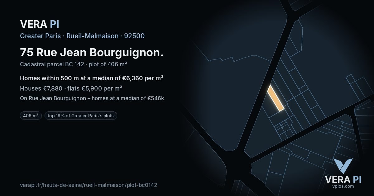 75 Rue Jean Bourguignon, Rueil-Malmaison at night – the plot lit, the parcels around coloured by the prices near them
