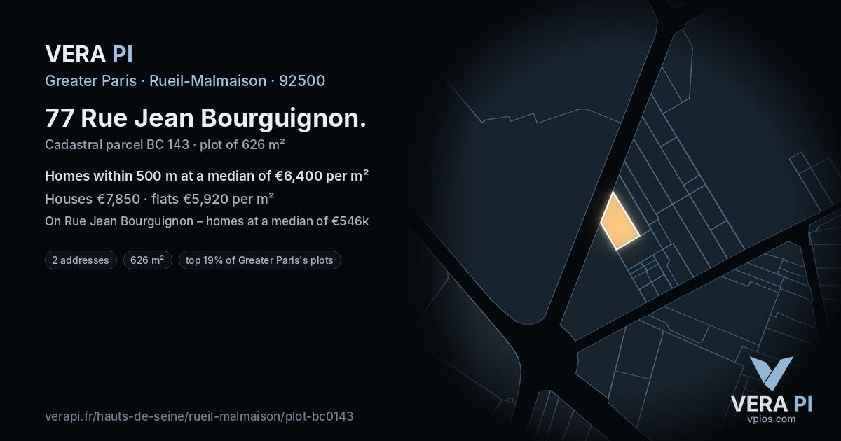 77 Rue Jean Bourguignon, Rueil-Malmaison at night – the plot lit, the parcels around coloured by the prices near them