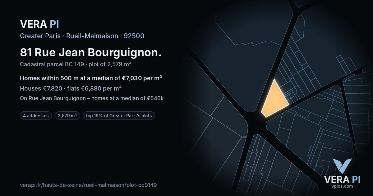 81 Rue Jean Bourguignon, Rueil-Malmaison at night – the plot lit, the parcels around coloured by the prices near them