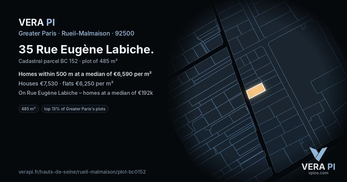 35 Rue Eugène Labiche, Rueil-Malmaison at night – the plot lit, the parcels around coloured by the prices near them