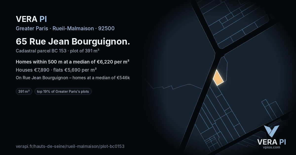 65 Rue Jean Bourguignon, Rueil-Malmaison at night – the plot lit, the parcels around coloured by the prices near them