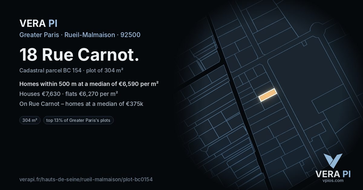 18 Rue Carnot, Rueil-Malmaison at night – the plot lit, the parcels around coloured by the prices near them