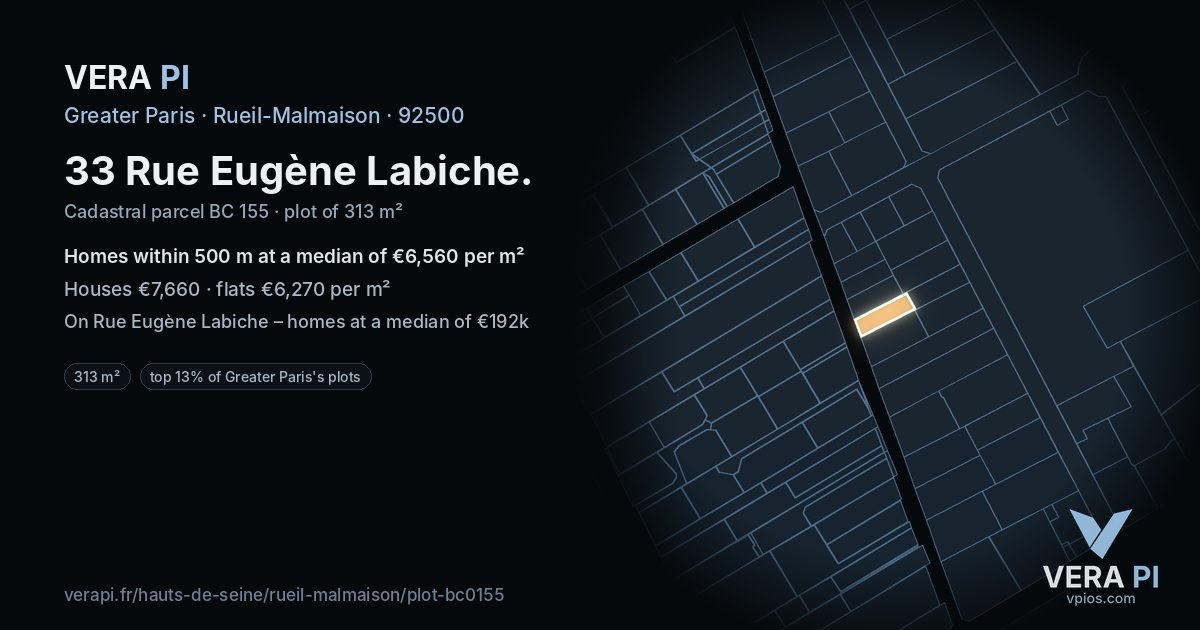 33 Rue Eugène Labiche, Rueil-Malmaison at night – the plot lit, the parcels around coloured by the prices near them