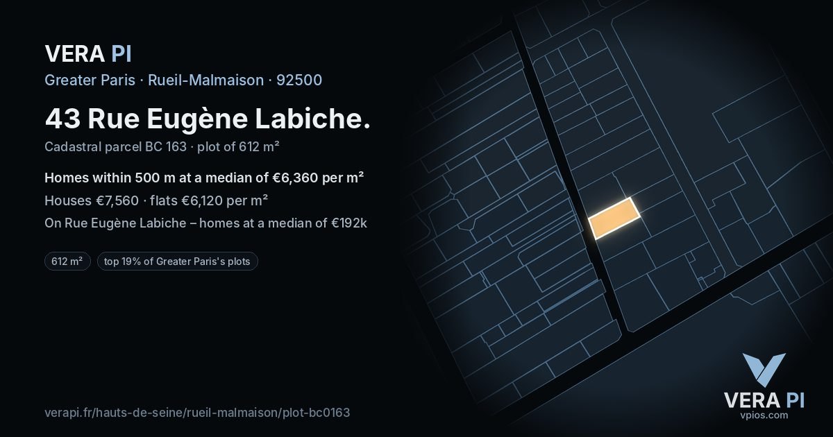 43 Rue Eugène Labiche, Rueil-Malmaison at night – the plot lit, the parcels around coloured by the prices near them