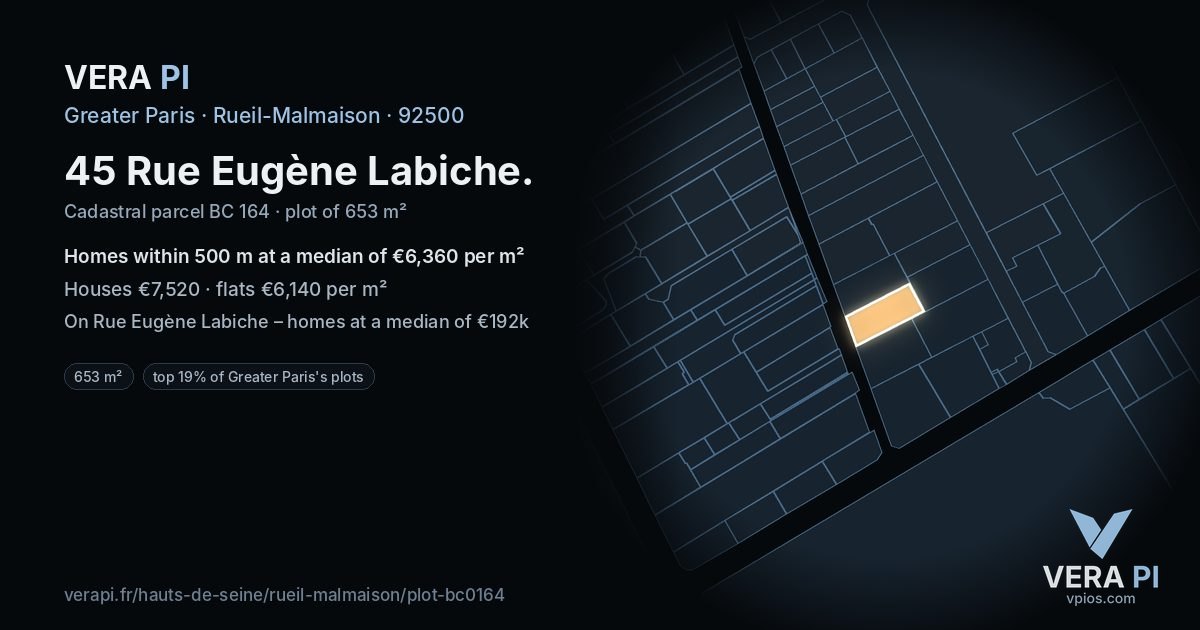 45 Rue Eugène Labiche, Rueil-Malmaison at night – the plot lit, the parcels around coloured by the prices near them