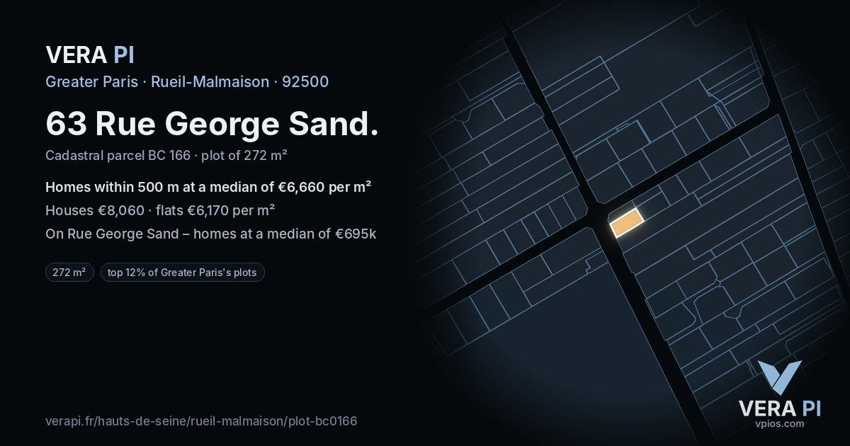 63 Rue George Sand, Rueil-Malmaison at night – the plot lit, the parcels around coloured by the prices near them