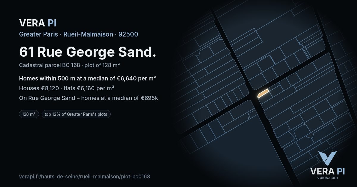 61 Rue George Sand, Rueil-Malmaison at night – the plot lit, the parcels around coloured by the prices near them