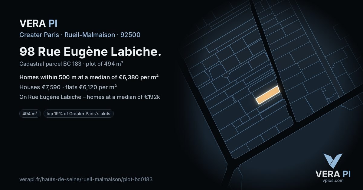 98 Rue Eugène Labiche, Rueil-Malmaison at night – the plot lit, the parcels around coloured by the prices near them