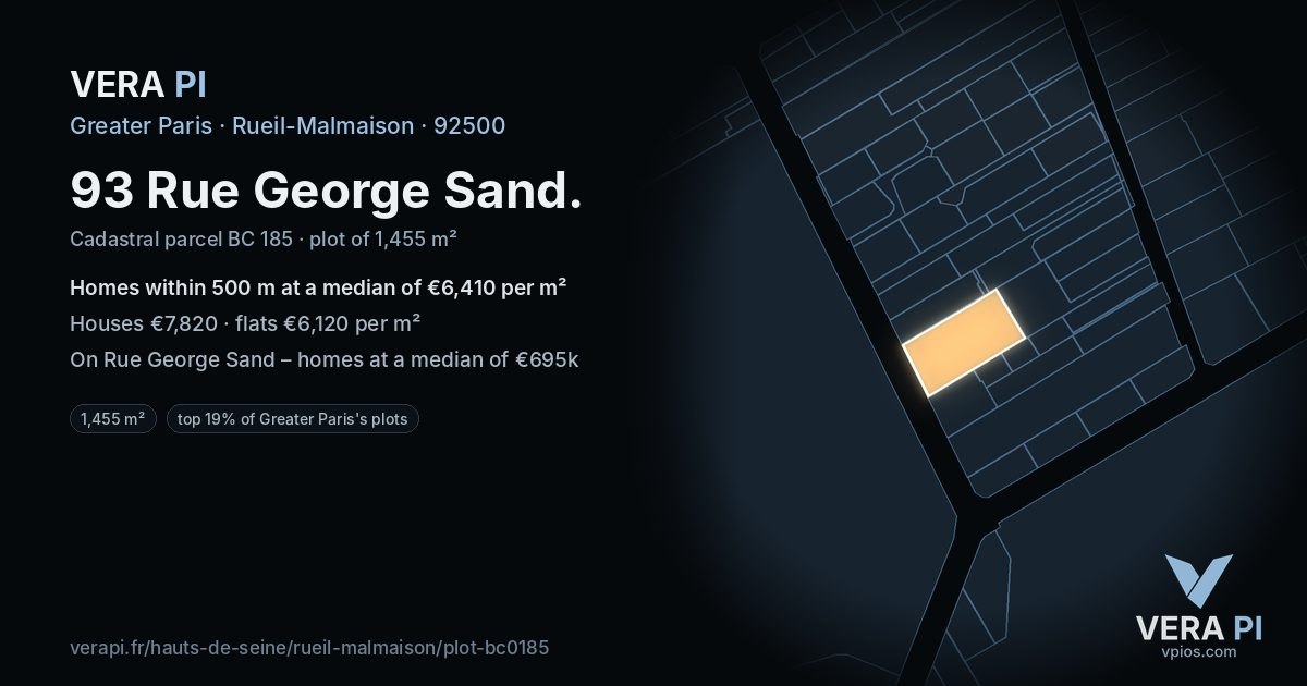 93 Rue George Sand, Rueil-Malmaison at night – the plot lit, the parcels around coloured by the prices near them