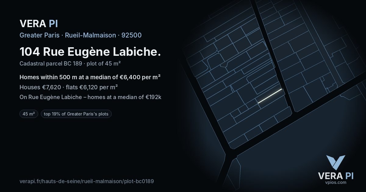 104 Rue Eugène Labiche, Rueil-Malmaison at night – the plot lit, the parcels around coloured by the prices near them