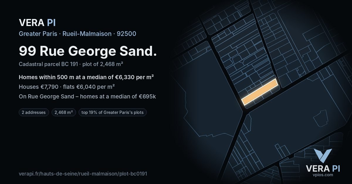 99 Rue George Sand, Rueil-Malmaison at night – the plot lit, the parcels around coloured by the prices near them