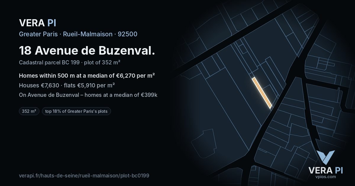 18 Avenue de Buzenval, Rueil-Malmaison at night – the plot lit, the parcels around coloured by the prices near them