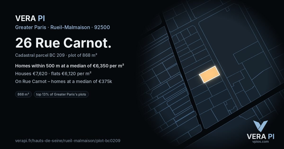 26 Rue Carnot, Rueil-Malmaison at night – the plot lit, the parcels around coloured by the prices near them
