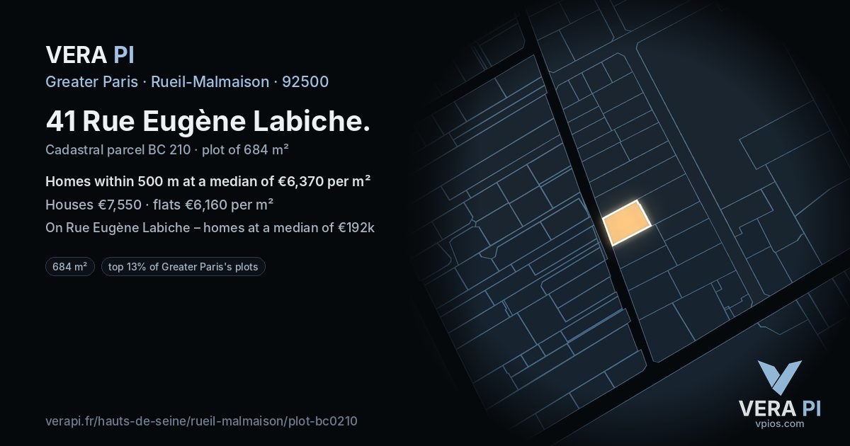 41 Rue Eugène Labiche, Rueil-Malmaison at night – the plot lit, the parcels around coloured by the prices near them