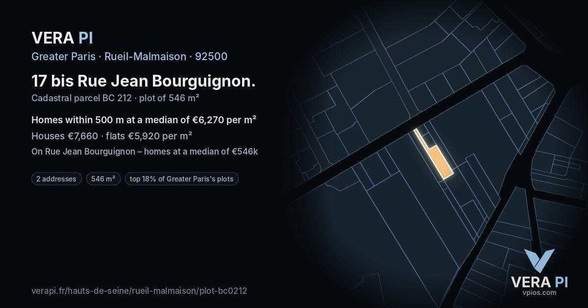 17 bis Rue Jean Bourguignon, Rueil-Malmaison at night – the plot lit, the parcels around coloured by the prices near them