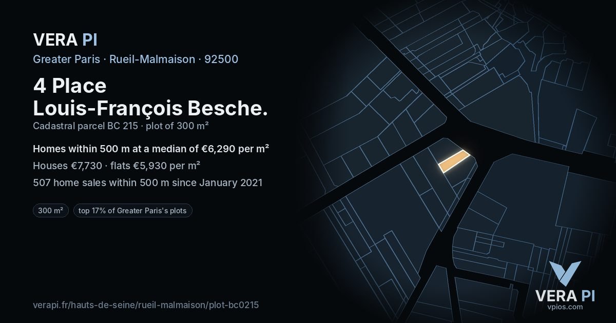 4 Place Louis-François Besche, Rueil-Malmaison at night – the plot lit, the parcels around coloured by the prices near them
