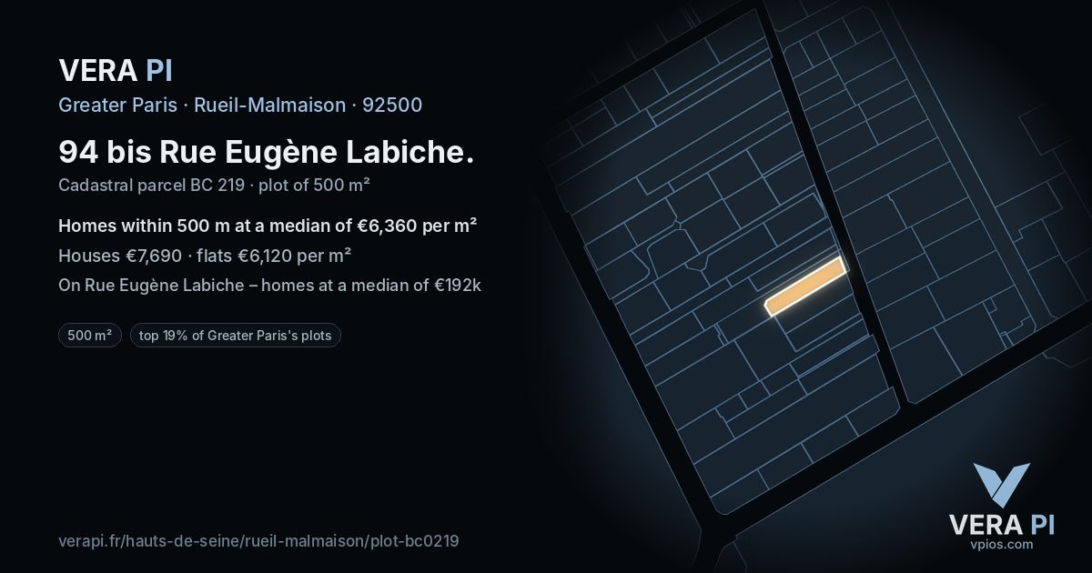 94 bis Rue Eugène Labiche, Rueil-Malmaison at night – the plot lit, the parcels around coloured by the prices near them