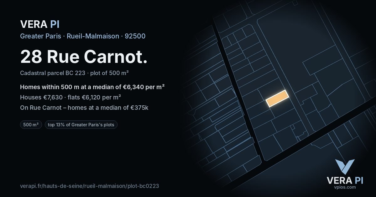 28 Rue Carnot, Rueil-Malmaison at night – the plot lit, the parcels around coloured by the prices near them
