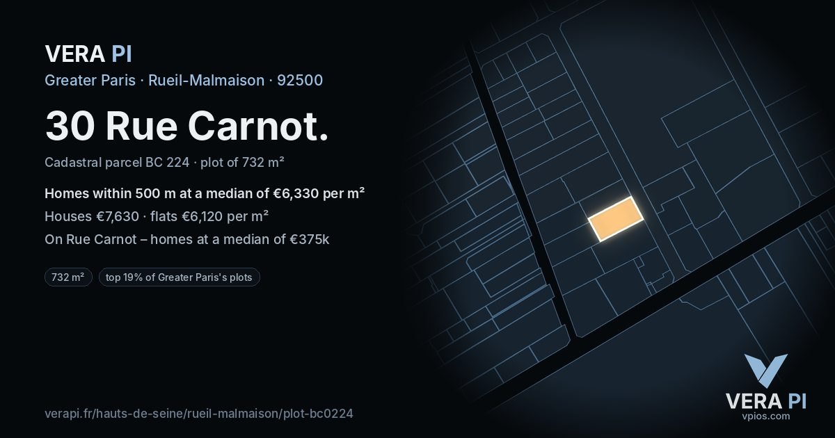 30 Rue Carnot, Rueil-Malmaison at night – the plot lit, the parcels around coloured by the prices near them