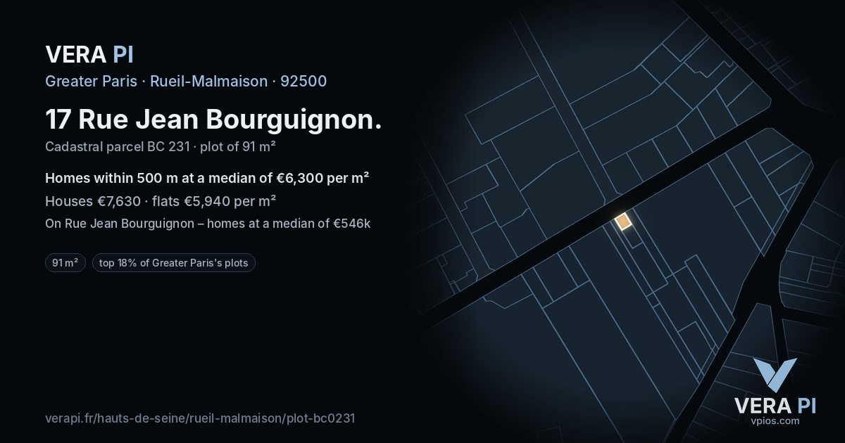 17 Rue Jean Bourguignon, Rueil-Malmaison at night – the plot lit, the parcels around coloured by the prices near them