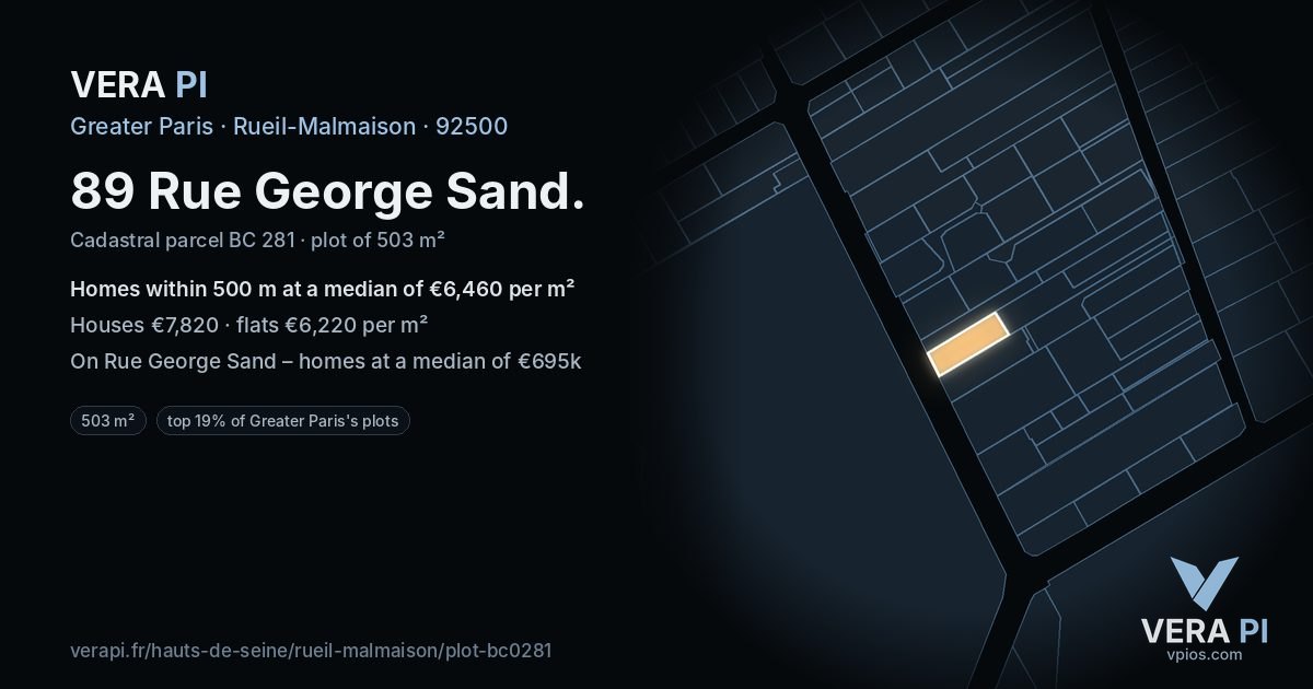 89 Rue George Sand, Rueil-Malmaison at night – the plot lit, the parcels around coloured by the prices near them