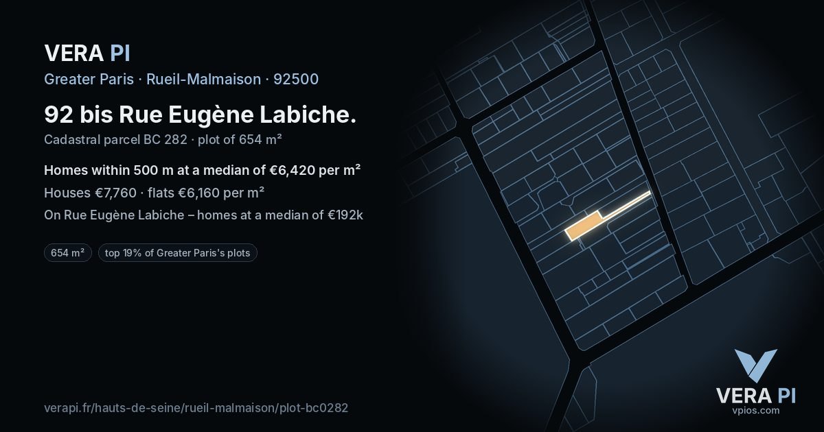 92 bis Rue Eugène Labiche, Rueil-Malmaison at night – the plot lit, the parcels around coloured by the prices near them