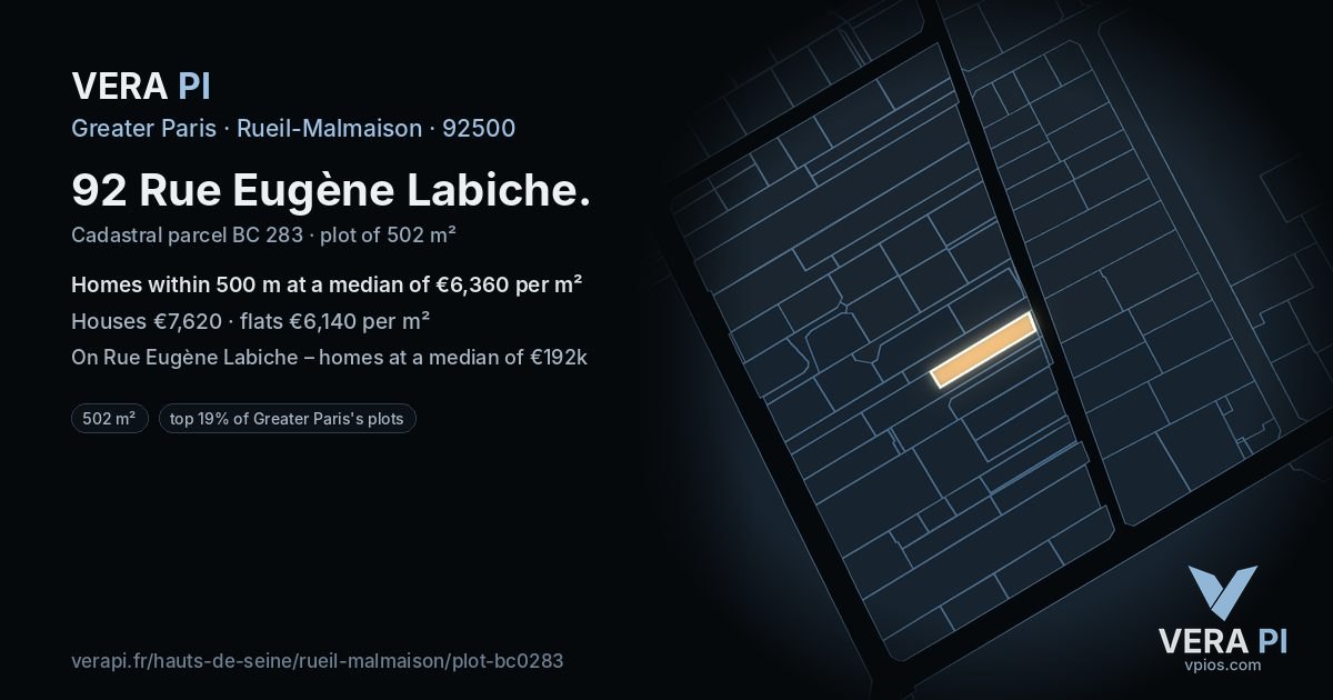 92 Rue Eugène Labiche, Rueil-Malmaison at night – the plot lit, the parcels around coloured by the prices near them
