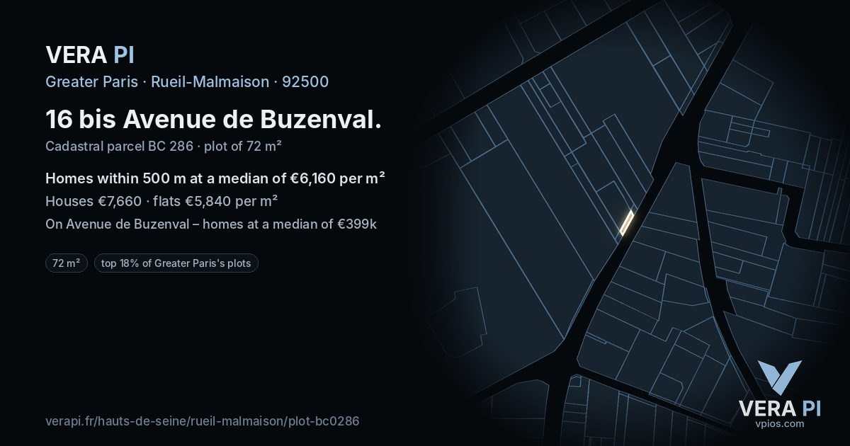 16 bis Avenue de Buzenval, Rueil-Malmaison at night – the plot lit, the parcels around coloured by the prices near them