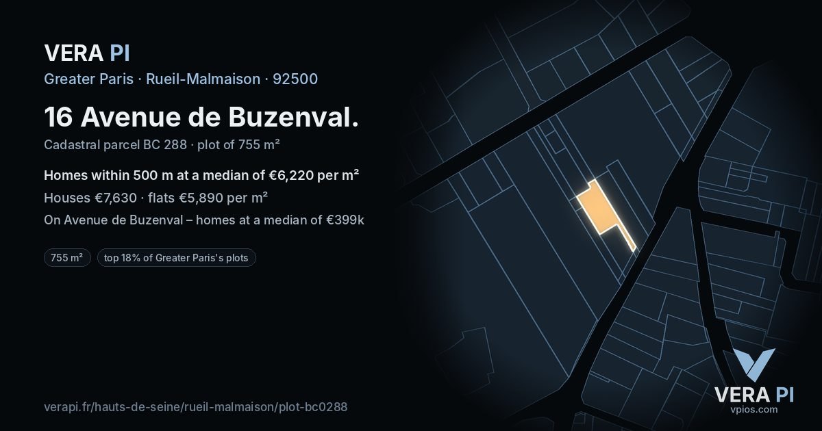 16 Avenue de Buzenval, Rueil-Malmaison at night – the plot lit, the parcels around coloured by the prices near them