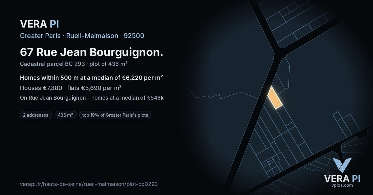 67 Rue Jean Bourguignon, Rueil-Malmaison at night – the plot lit, the parcels around coloured by the prices near them
