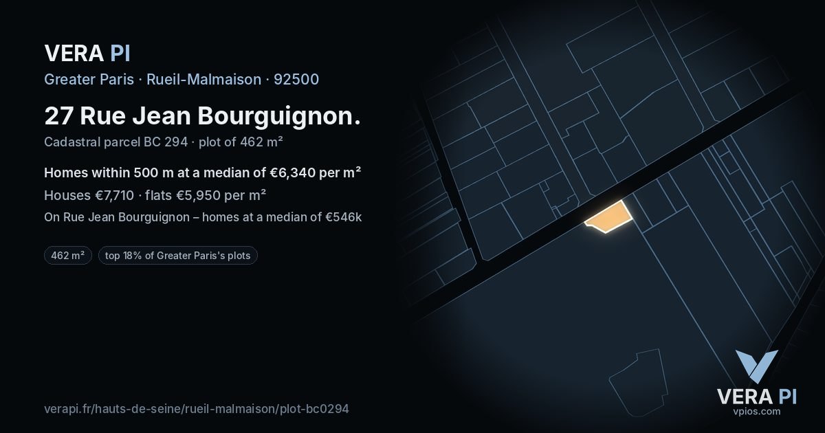 27 Rue Jean Bourguignon, Rueil-Malmaison at night – the plot lit, the parcels around coloured by the prices near them