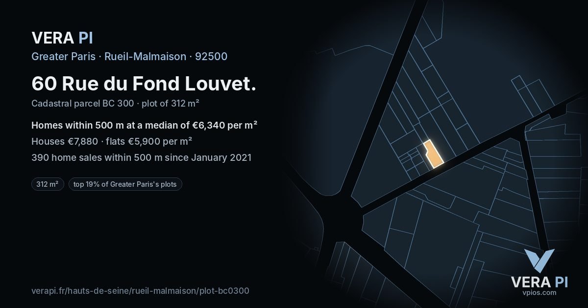 60 Rue du Fond Louvet, Rueil-Malmaison at night – the plot lit, the parcels around coloured by the prices near them