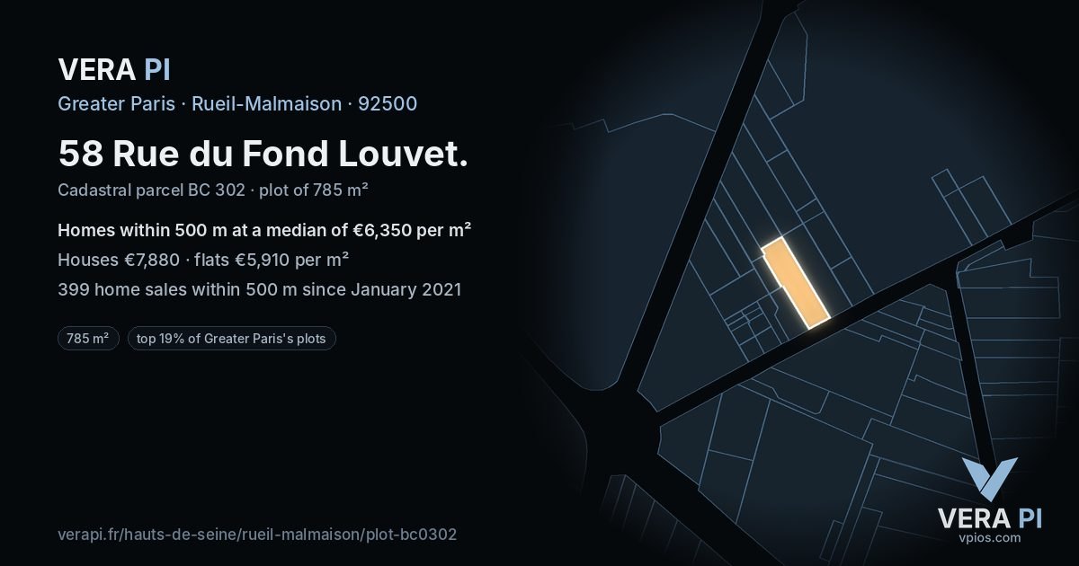58 Rue du Fond Louvet, Rueil-Malmaison at night – the plot lit, the parcels around coloured by the prices near them