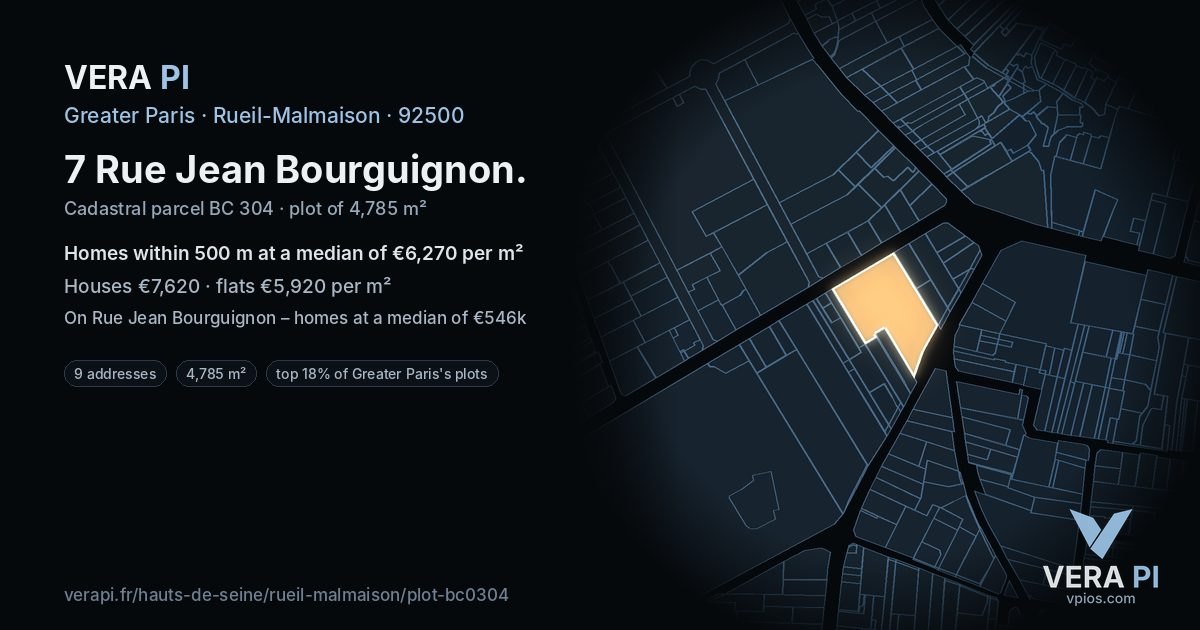 7 Rue Jean Bourguignon, Rueil-Malmaison at night – the plot lit, the parcels around coloured by the prices near them