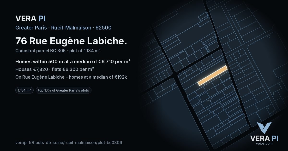 76 Rue Eugène Labiche, Rueil-Malmaison at night – the plot lit, the parcels around coloured by the prices near them