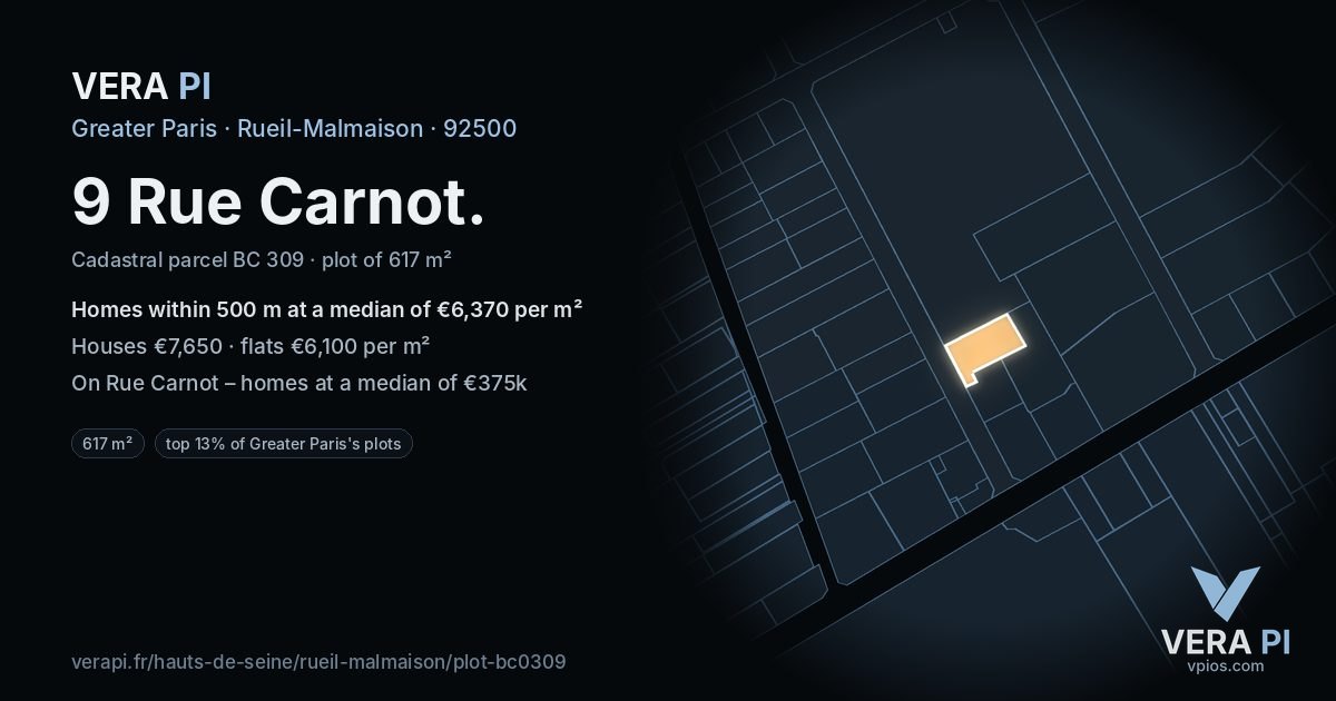 9 Rue Carnot, Rueil-Malmaison at night – the plot lit, the parcels around coloured by the prices near them