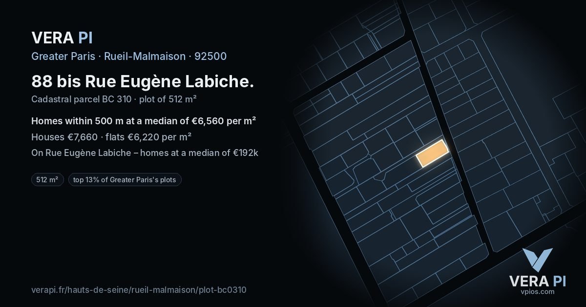 88 bis Rue Eugène Labiche, Rueil-Malmaison at night – the plot lit, the parcels around coloured by the prices near them