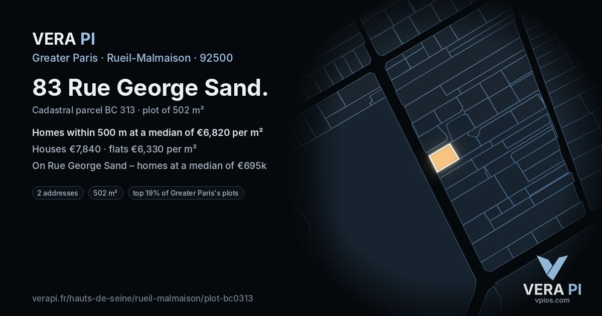 83 Rue George Sand, Rueil-Malmaison at night – the plot lit, the parcels around coloured by the prices near them