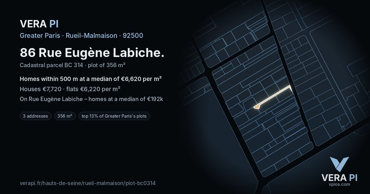 86 Rue Eugène Labiche, Rueil-Malmaison at night – the plot lit, the parcels around coloured by the prices near them