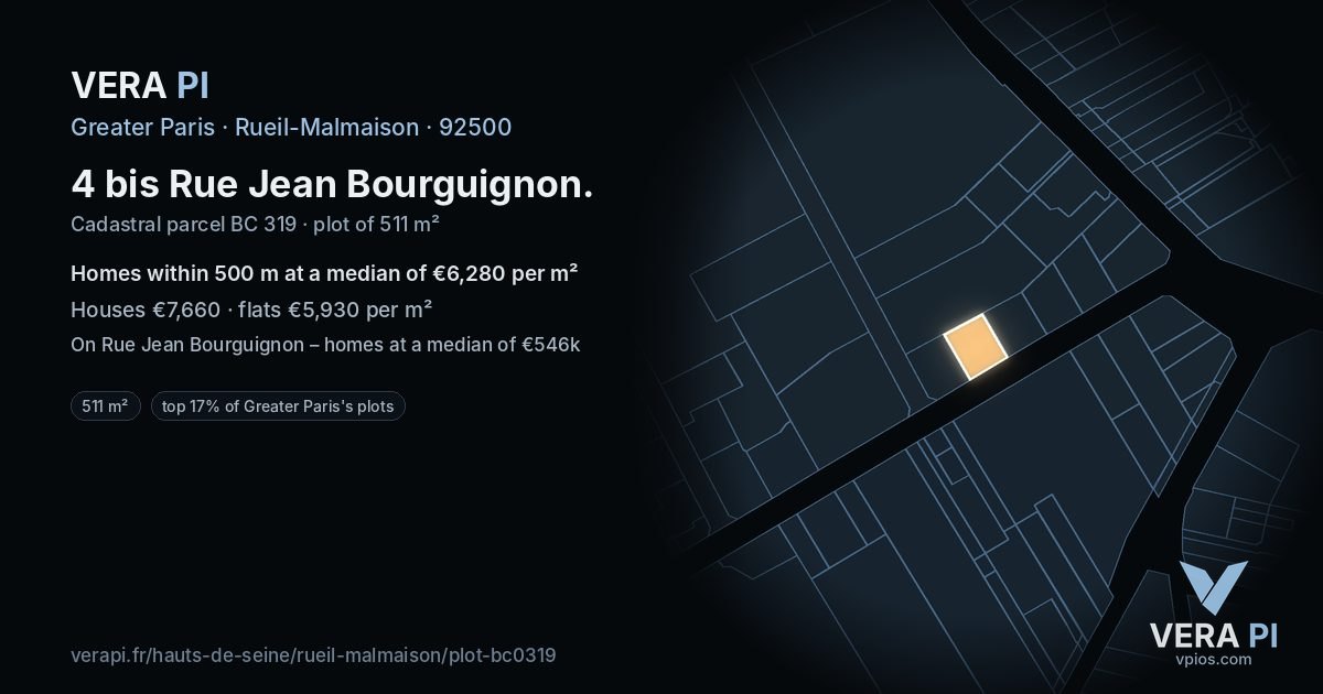 4 bis Rue Jean Bourguignon, Rueil-Malmaison at night – the plot lit, the parcels around coloured by the prices near them
