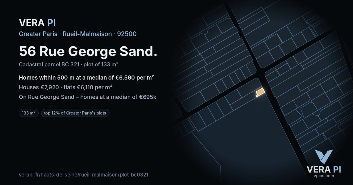 56 Rue George Sand, Rueil-Malmaison at night – the plot lit, the parcels around coloured by the prices near them
