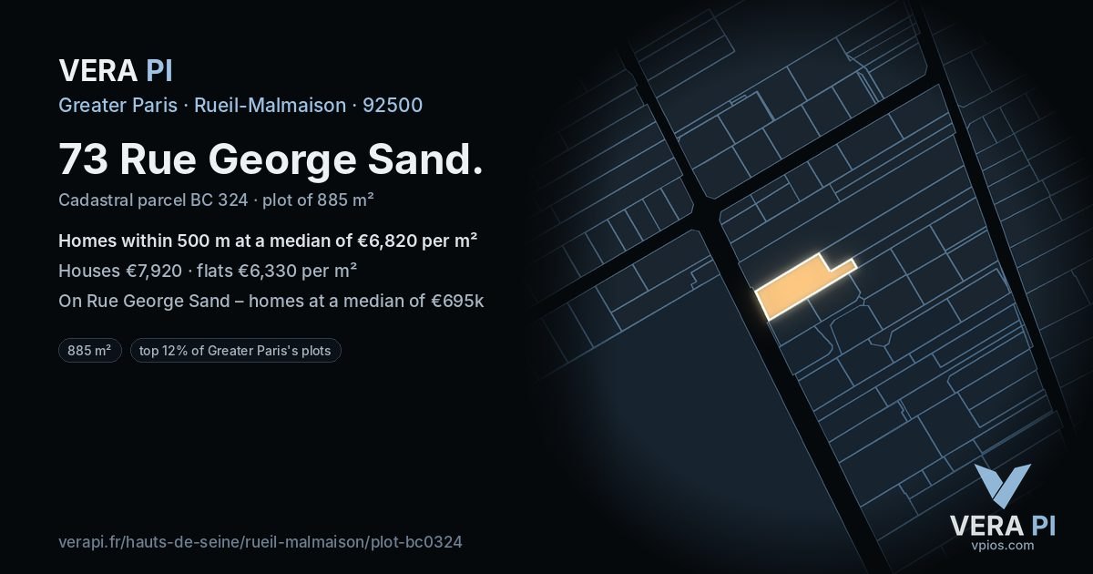 73 Rue George Sand, Rueil-Malmaison at night – the plot lit, the parcels around coloured by the prices near them