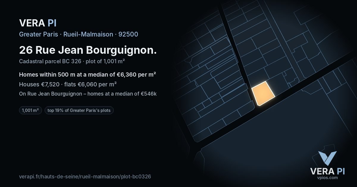 26 Rue Jean Bourguignon, Rueil-Malmaison at night – the plot lit, the parcels around coloured by the prices near them