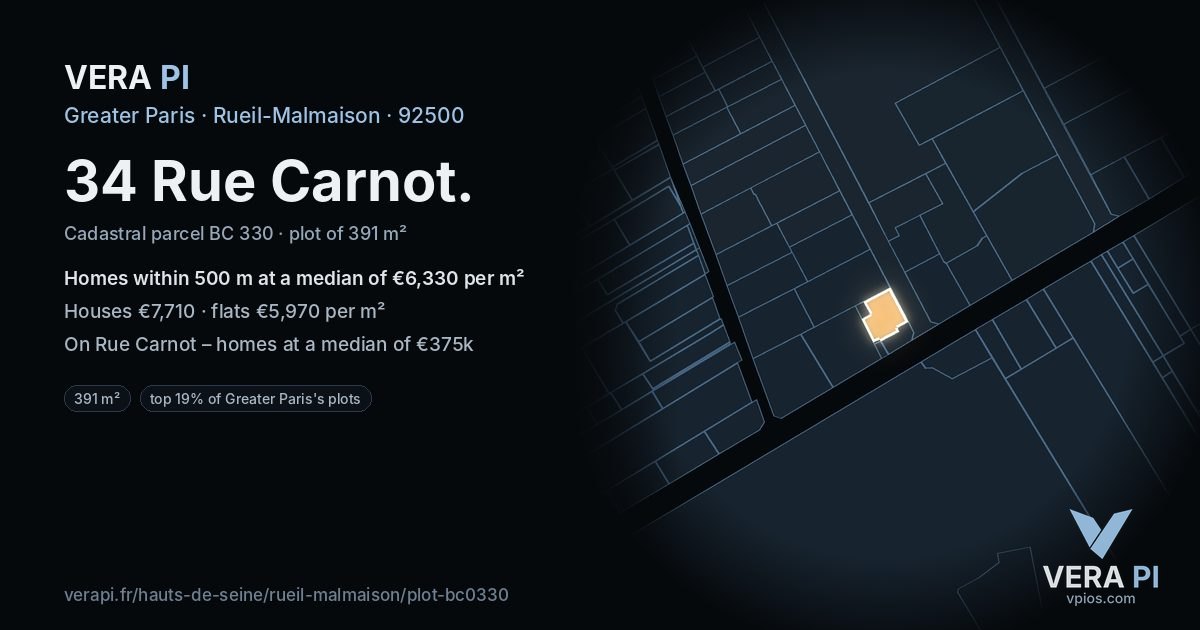 34 Rue Carnot, Rueil-Malmaison at night – the plot lit, the parcels around coloured by the prices near them