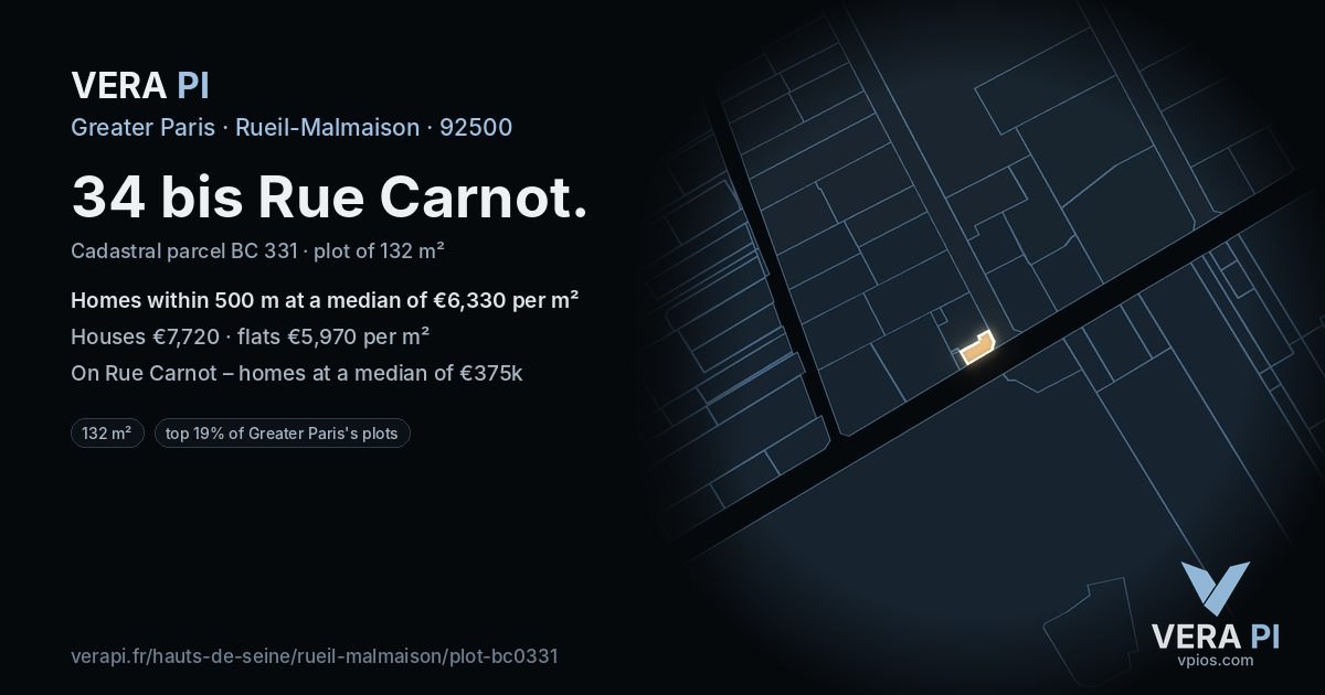 34 bis Rue Carnot, Rueil-Malmaison at night – the plot lit, the parcels around coloured by the prices near them