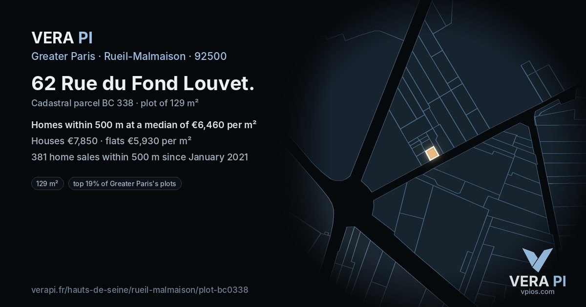 62 Rue du Fond Louvet, Rueil-Malmaison at night – the plot lit, the parcels around coloured by the prices near them