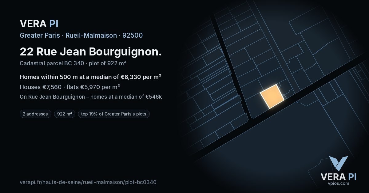 22 Rue Jean Bourguignon, Rueil-Malmaison at night – the plot lit, the parcels around coloured by the prices near them