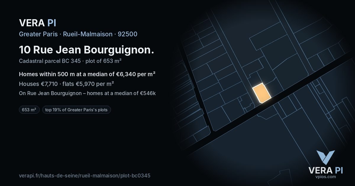 10 Rue Jean Bourguignon, Rueil-Malmaison at night – the plot lit, the parcels around coloured by the prices near them