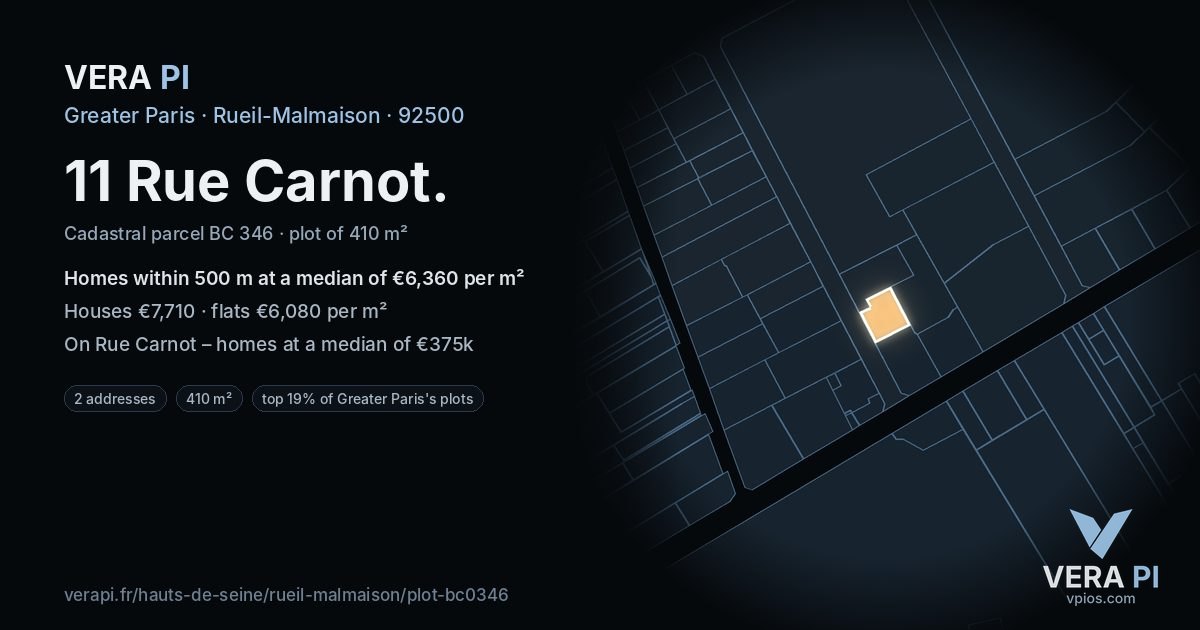 11 Rue Carnot, Rueil-Malmaison at night – the plot lit, the parcels around coloured by the prices near them
