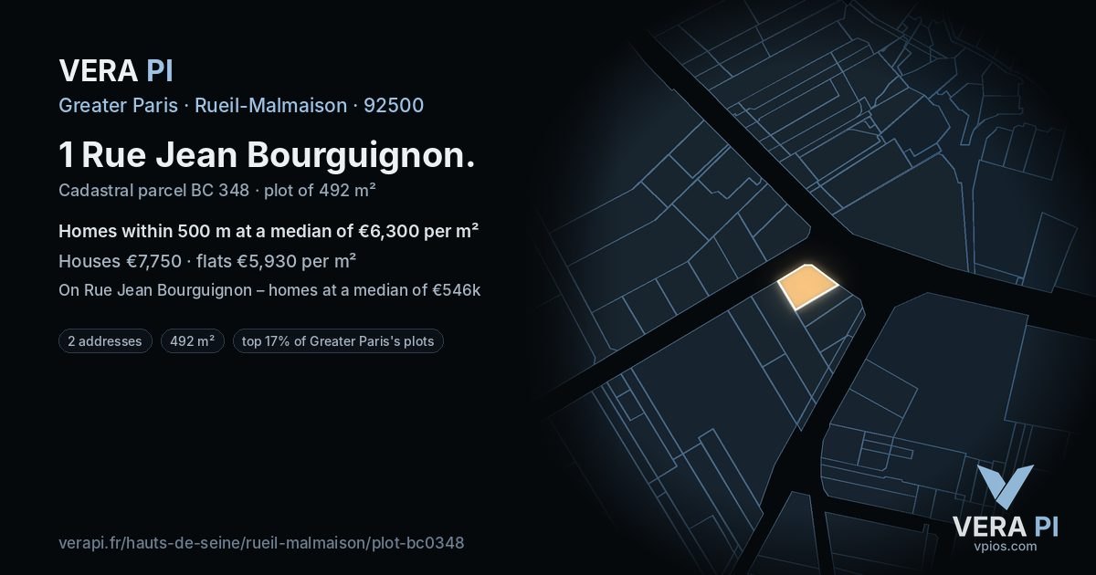1 Rue Jean Bourguignon, Rueil-Malmaison at night – the plot lit, the parcels around coloured by the prices near them